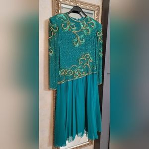 Emerald green and gold silk, beaded dress
